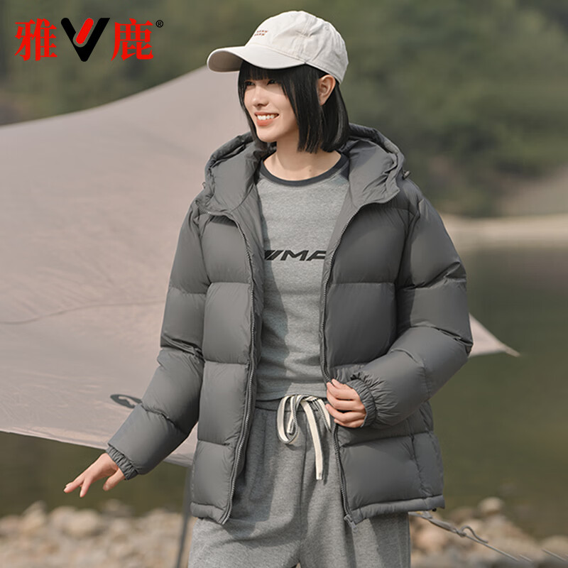 雅鹿连帽羽绒服男女冬新款户外加厚防风面包服小个子通勤保暖情侣外套 深灰 M 推荐100-120斤