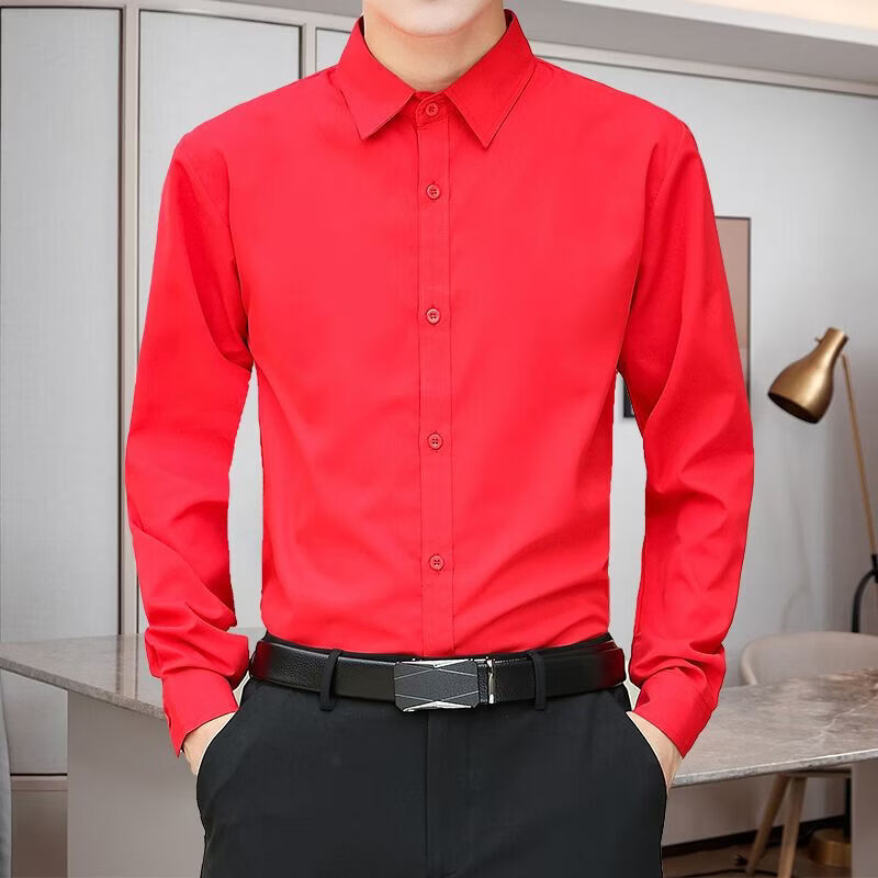 乔庭马年本命年衣服男感大红色衬衫男本命年结婚酒红色帅