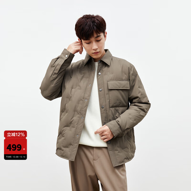 太平鸟男装轻薄羽绒服冬季宽松短款衬衫式保暖外套黑色防寒夹克 咖啡色（宽松)第三批 XL