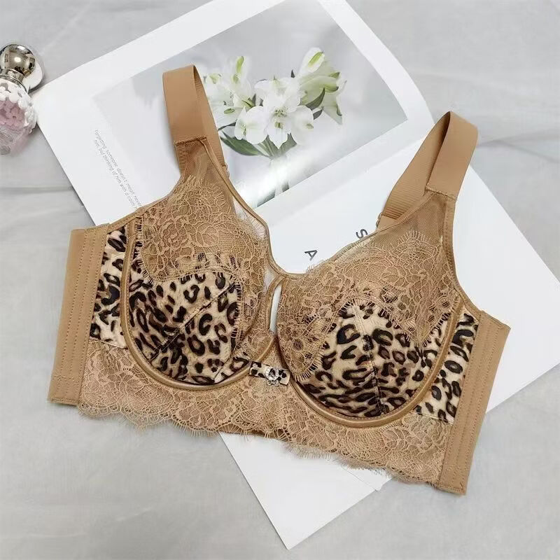 黛思侬（Daisinong）性感豹纹软钢圈调整型聚拢大码内衣超薄透气收副乳防下蕾丝文胸 黑色+豹纹 100C 44/100C