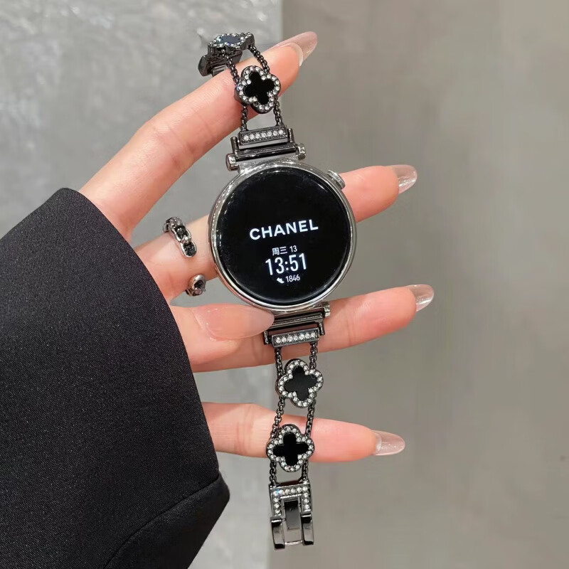 适用华为watch5手表带新款gt6细款四叶草链条感女款表带 四叶草-黑黑【表带】 华为Watch5 46mm 京东折扣/优惠券