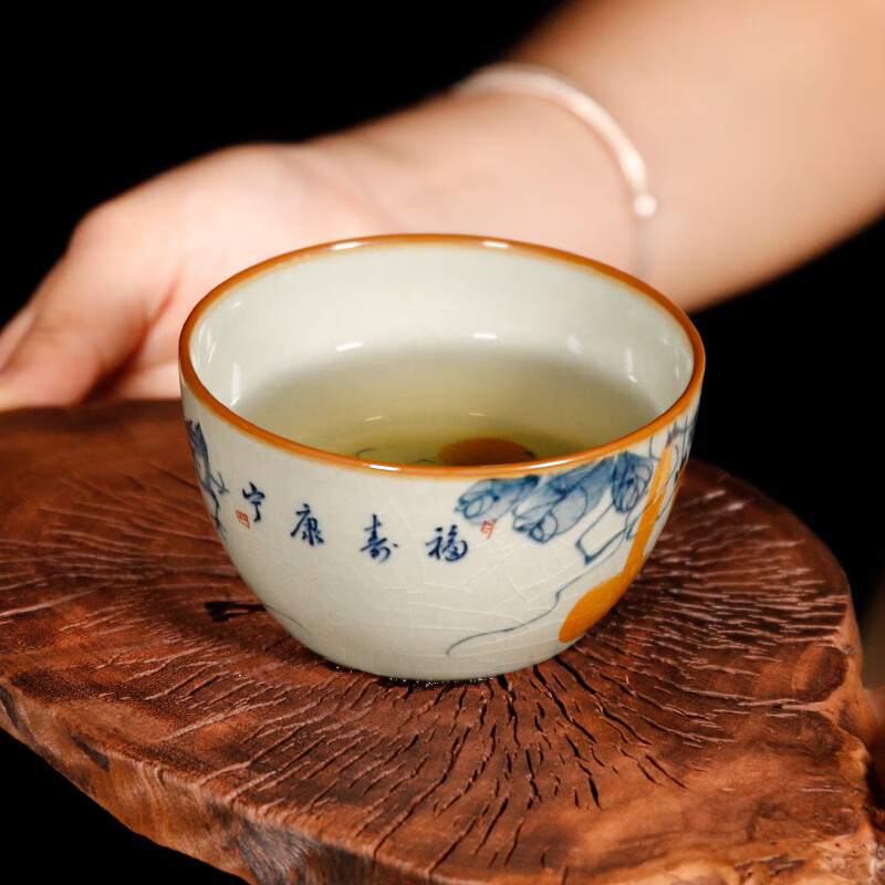 【柴房雅器】景德镇柴窑手绘青花釉里红福寿康宁卧足杯纯手工茶杯