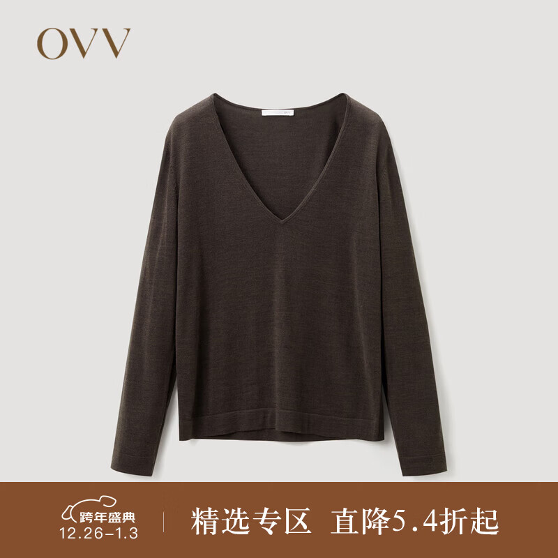 OVV【可机洗黄金羊毛】2023秋冬新款女装简约深V领长袖针织衫 深咖（净色）A6 M