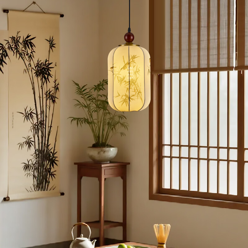 宋代美学小吊灯茶室卧室床头玄关新中式灯笼吊线灯具中山餐厅灯 竹报平安-全光谱三色变光 三珠品【长45cm】