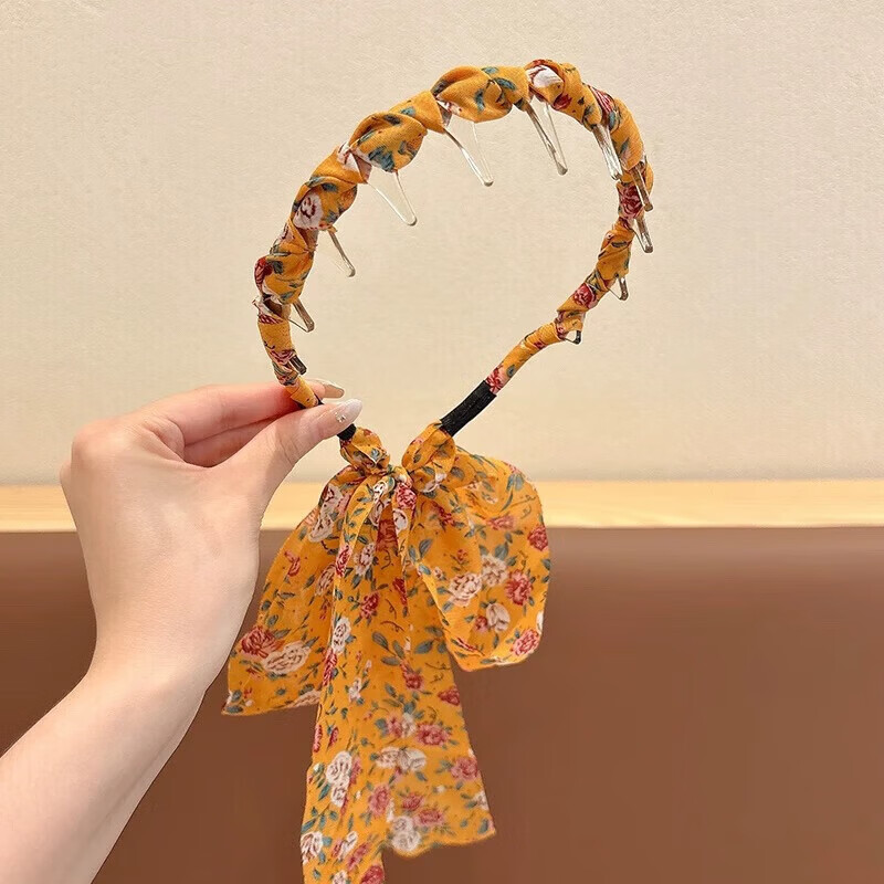 【甄选厂家】高级感田园风复古齿梳发箍儿童外戴日常编发飘带头箍 03【绿色碎花】