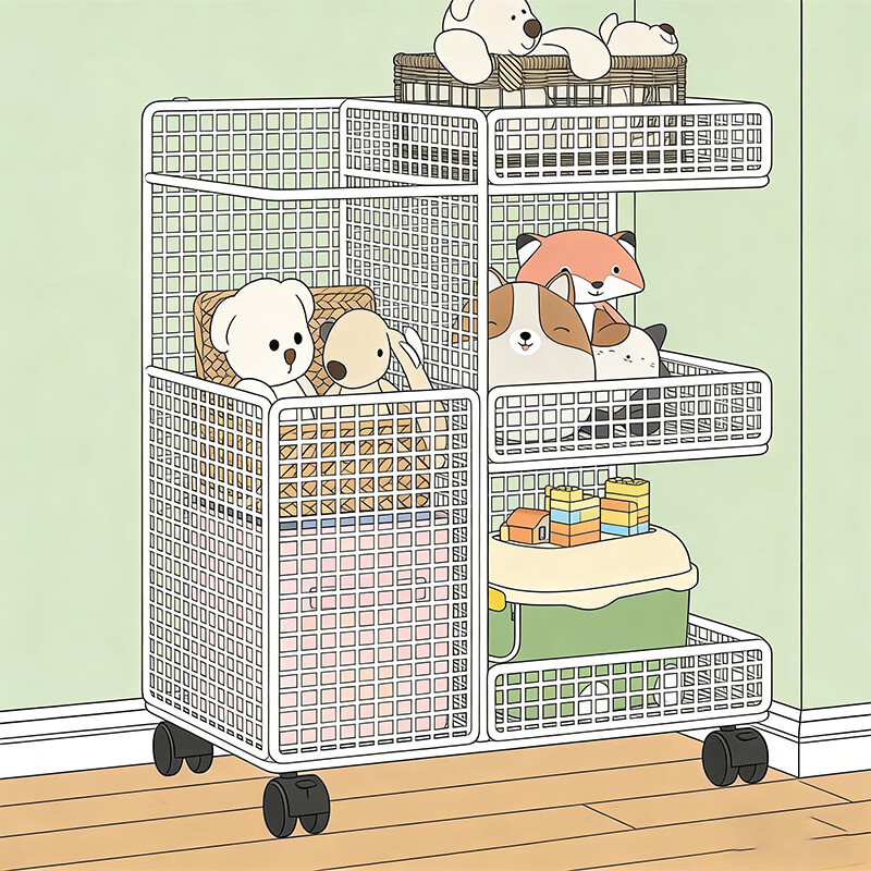 尔思家玩具收纳架儿童落地多层家用宝宝置物架娃娃分类多层可移动整理箱 白色-带轮