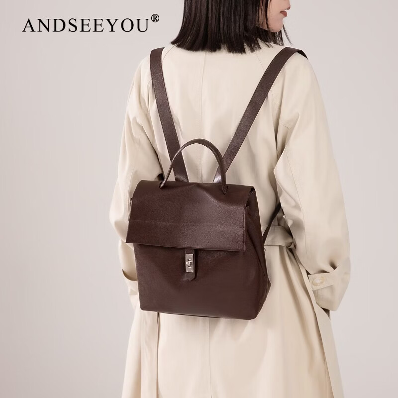 ANDSEEYOU植鞣頭層牛皮雙肩包女高級感小眾2025新款女士背包大容量皮質(zhì)復(fù)古 咖色