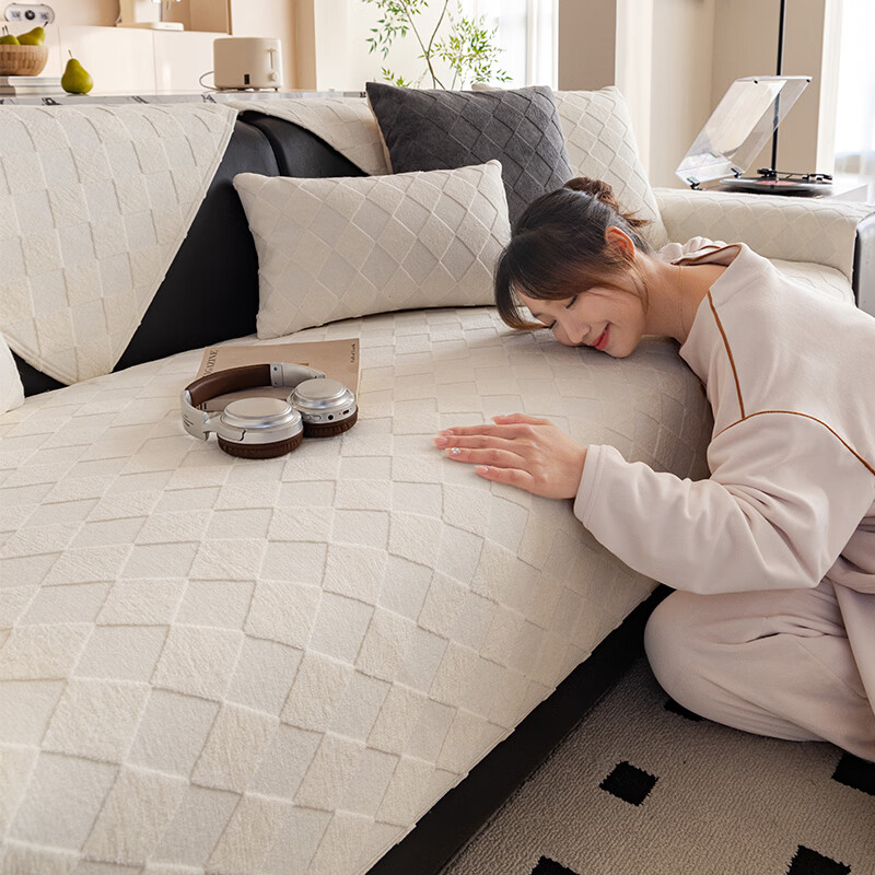 金拾美月奶油风沙发垫四季通用2026新款秋冬款防滑直排沙发坐垫套盖布巾 直边赫梵-米白 70cm*70cm