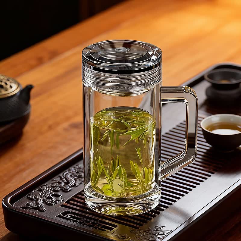 宝菲尼（BOFIN）手柄办公杯带把玻璃杯双层高档商务办公室领导泡茶杯透明便携水杯 方正轻盈【皮质礼盒】360ml