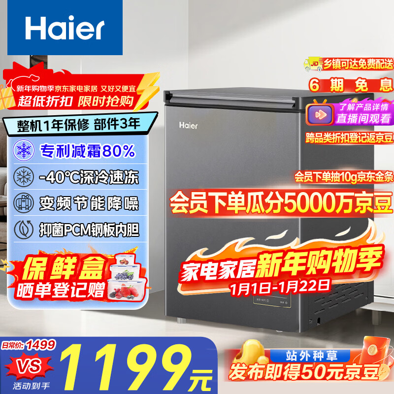 海尔（Haier）100升单温-40℃小冰柜家用商用冷藏柜冷冻柜两用冰柜京东自营小型冰箱BC/BD-100GHEPSD9D以旧换新