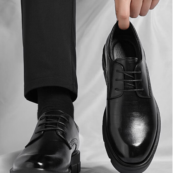 Walker Shop品牌皮鞋男款内增高男士皮鞋2026商务高端休闲真皮英伦正装鞋子男 黑色【隐形内增高8cm】 38