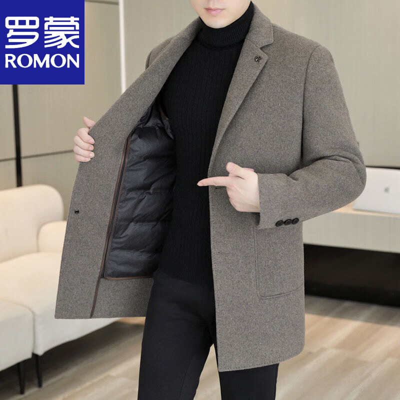 罗蒙（ROMON）羊毛大衣男士2025新款中长款双面呢外套冬厚保暖羽绒内胆新品 卡其色 M