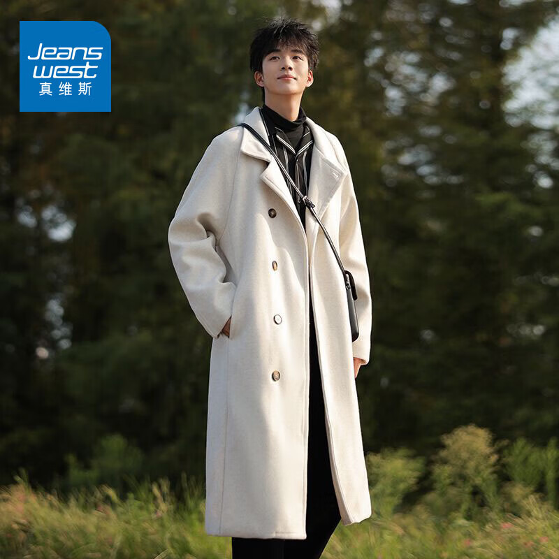 真维斯（Jeanswest）冬季中长款毛呢克鲁苏文职大衣男士青年休闲宽松呢子外套加厚风衣 米杏色 XL