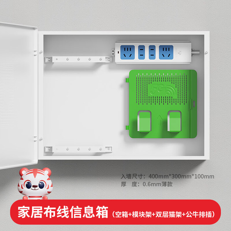 国际电工弱电箱家用盖板多媒体入户信息箱网络布线箱工地空箱塑料门大空间 400*300*100薄款空箱+双层猫架+模块架+公牛排插