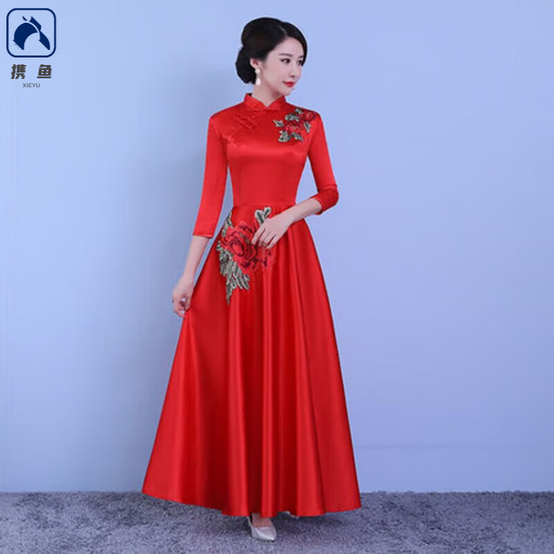 攜魚成人演出服女2025春新款紅色長款合唱團禮服裙宴會主持人連衣裙 紅色 S