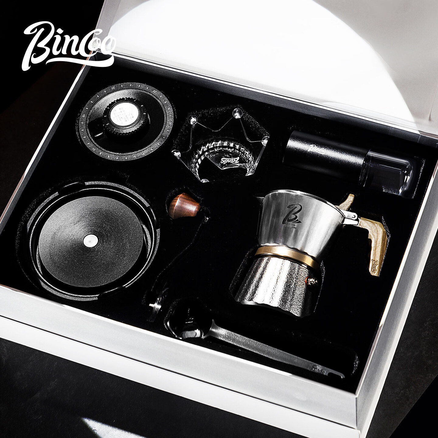Bincoo三阀316不锈钢摩卡壶礼盒套装结婚生日送礼甄选 B款银色八件套【钢芯】-电陶炉版