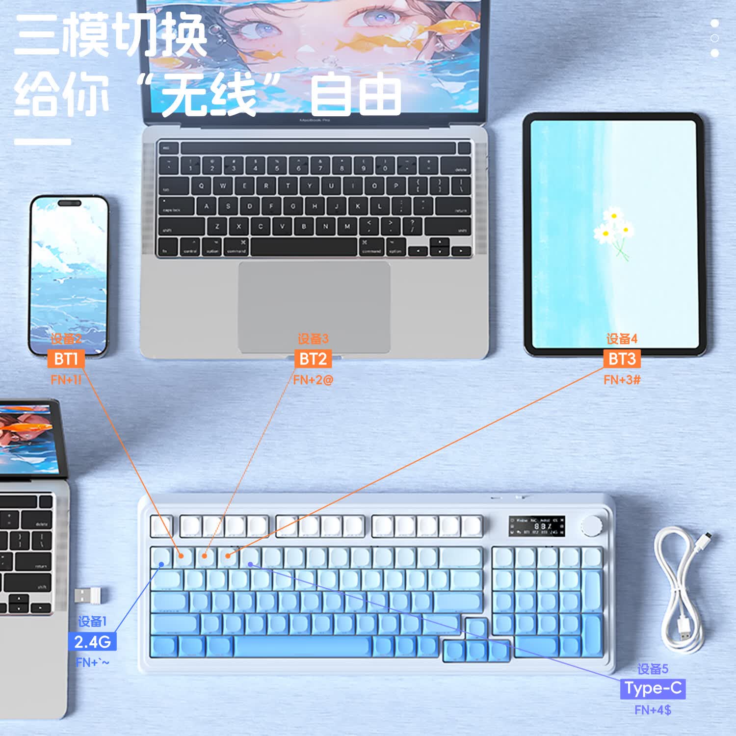 狼蛛（AULA）S99pro无线键盘鼠标套装蓝牙有线 三模数显屏机械手感RGB渐变侧刻静音电竞游戏办公mac电脑键盘 渐变蓝pro【键盘耳机全家桶】 三模