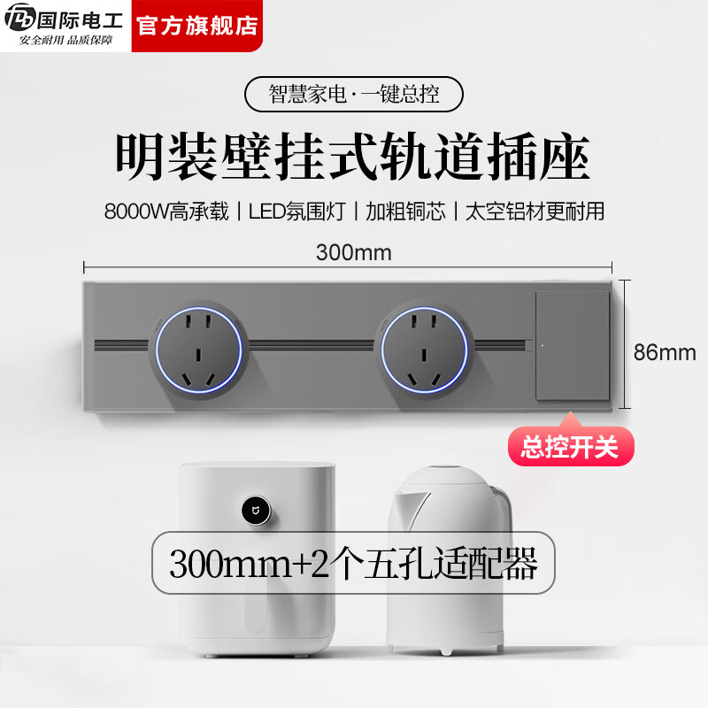 国际电工（FDD）明装轨道插座带开关一键断电大间距五孔可移动插排家用餐边柜插板 【总控开关】30厘米轨道+2个大五孔适配器