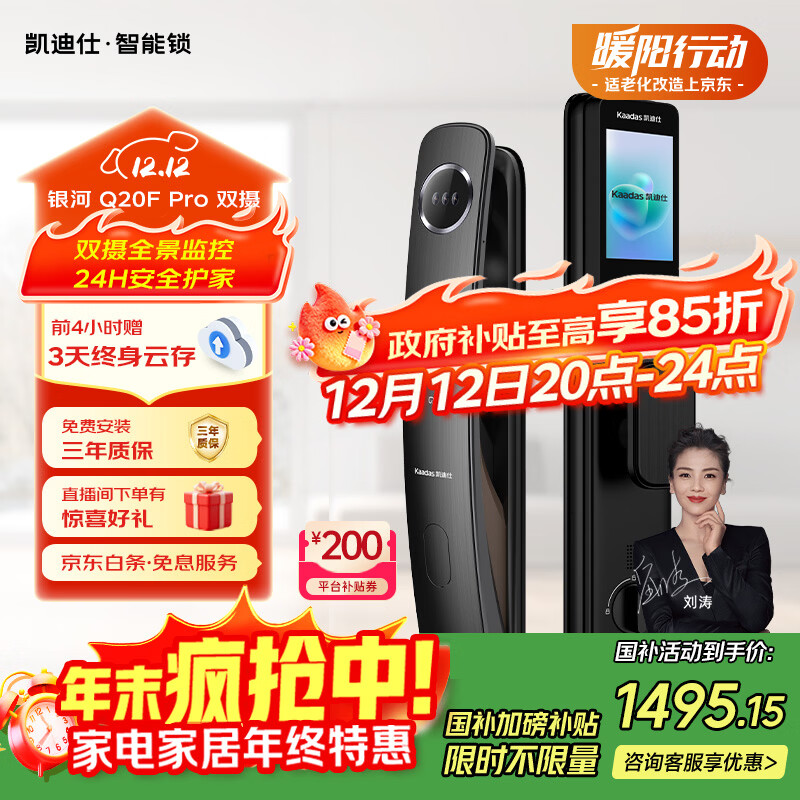 凯迪仕（kaadas）智能门锁人脸识别可视猫眼大屏全自动指纹锁密码锁 Q20F Pro双摄