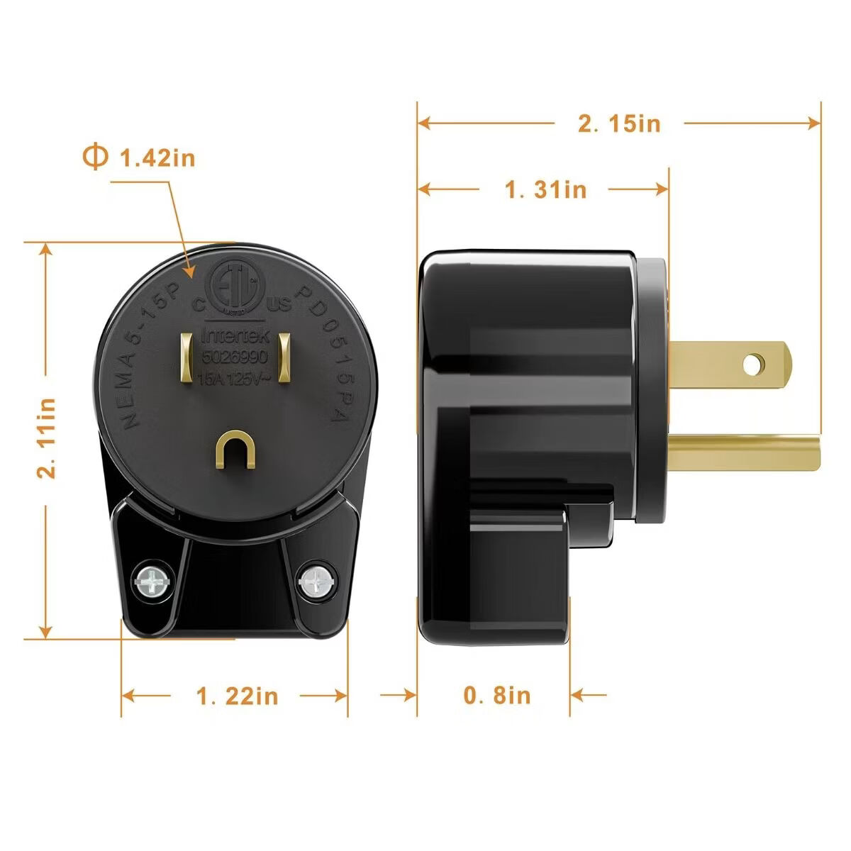 TLDPLUG新款美国标准电源插头插座NEMA 5-15 5-20 6-15 6-20美规安全认证标准12个方向可调节易安装美式 雅黑色 美标插头NEMA 6-15P【15A 250V】