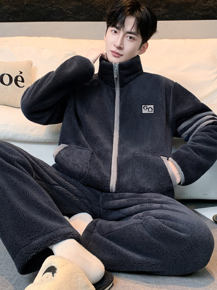 雅鹿睡衣冬季男珊瑚绒家居服男士高端加厚加绒睡衣男士冬季新款套装 NSJLY-KS47夜暮灰青果领胸口标男 2XL 男(150-170斤)