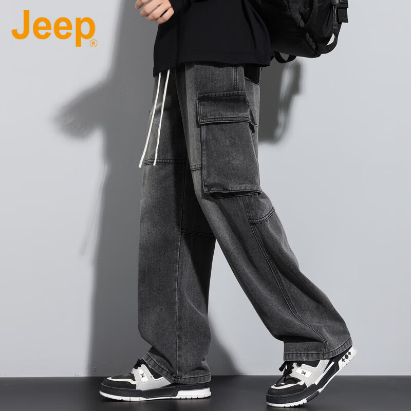 JEEP美国正品高端潮流复古牛仔裤秋冬男士宽松直筒阔腿多口袋长裤春秋 烟灰色 常规 【官方正品】 S