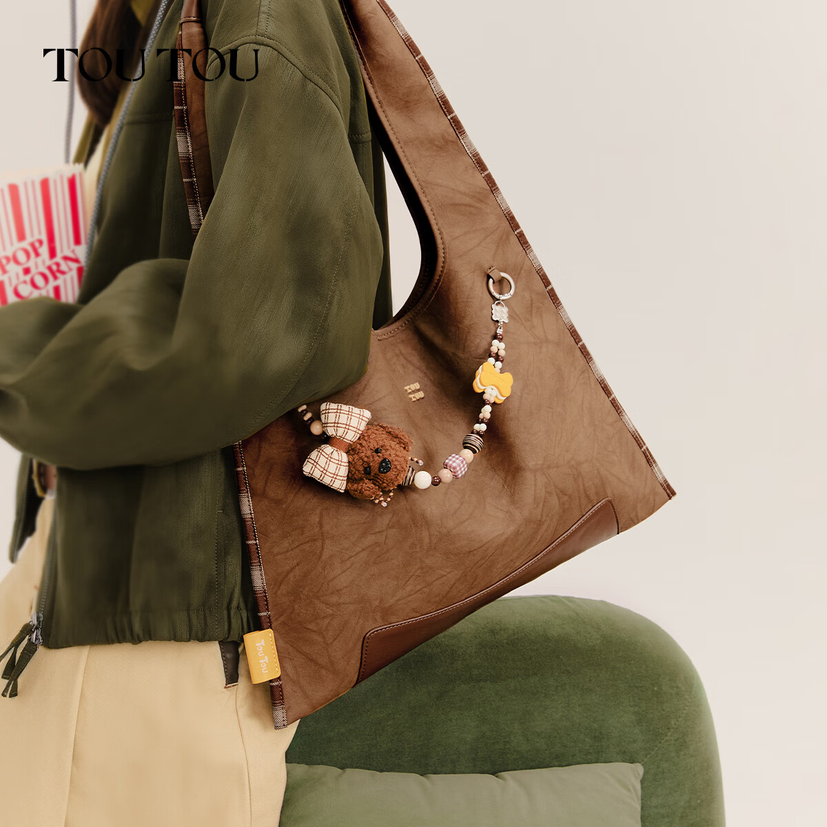 toutou小众设计小狗托特包带手机链单肩包包女包生日节日送礼 巧克力棕