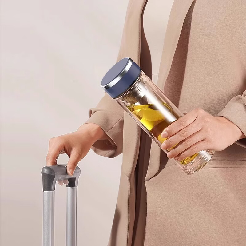 富光 玻璃杯 双层玻璃泡茶杯子 带过滤网水杯 男女士车载办公便携水杯 400ml蓝色【不锈钢回流盖】