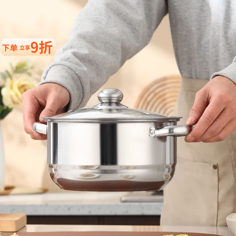 泰禧阁不锈钢食品级汤锅加厚家用电磁炉蒸锅煲汤双层奶锅燃气通用 16cm特厚双耳汤锅 16cm