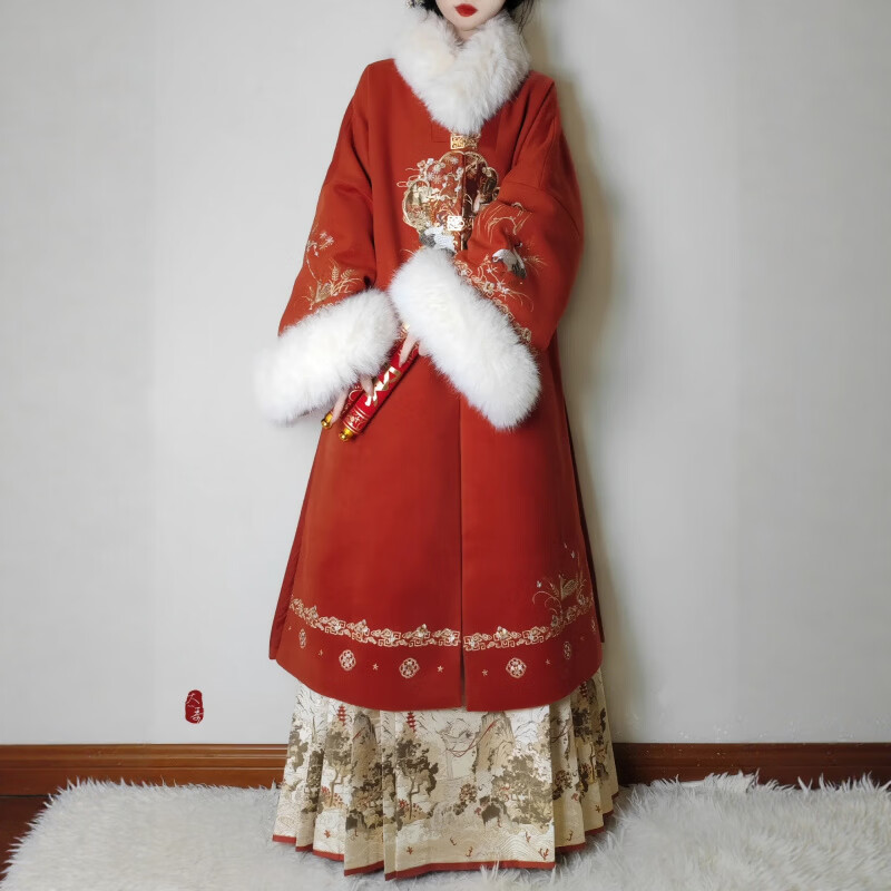 上遥居 汉服汉服女鹤别空山明制加绒冬款套装 白色套装【外袄+里衣+下裙+围脖】 L