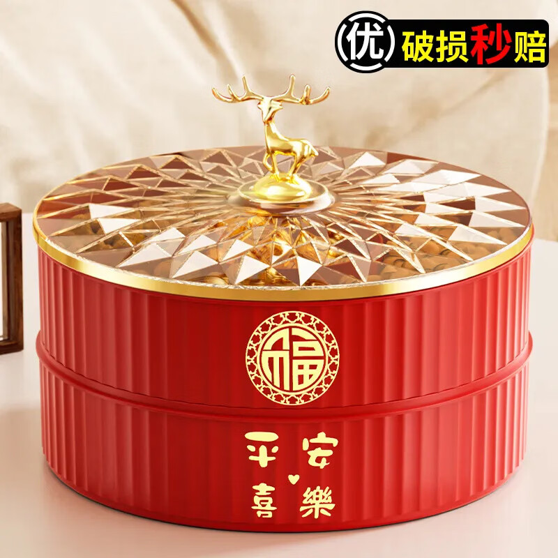 果盘客厅茶几家用5新瓜子糖果水果盘结婚喜庆零食干果纳盒 吉祥麋鹿-白色-单层 京东折扣/优惠券