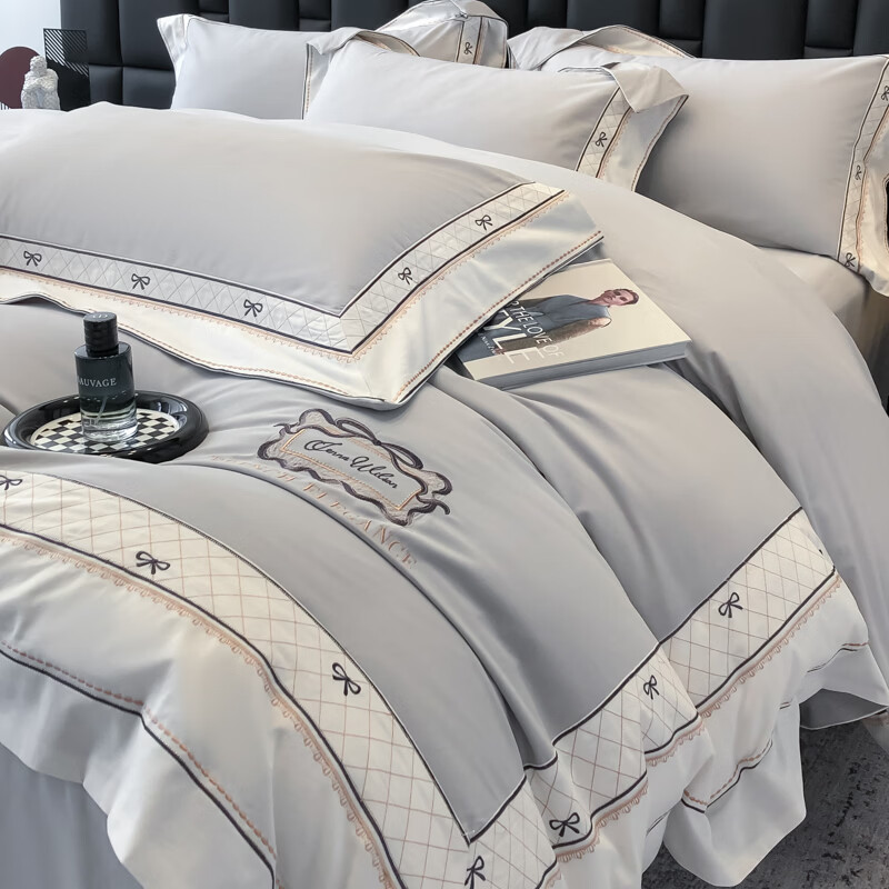 VJEA类母婴全棉磨毛四件套高支高密长绒棉纯棉床单被套轻奢裸睡床品 诗黎-灰 四件套1.5m 床单款 （被套200*230cm）