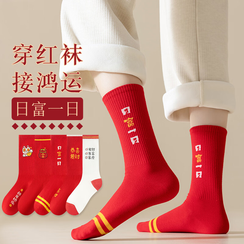 雅鹿红色中筒袜男女同款本命年新年袜子大红袜暴富袜男女士喜庆骐骥红 招财猫+福袋+日富一日+恭喜发财+心愿必达 5双 均码