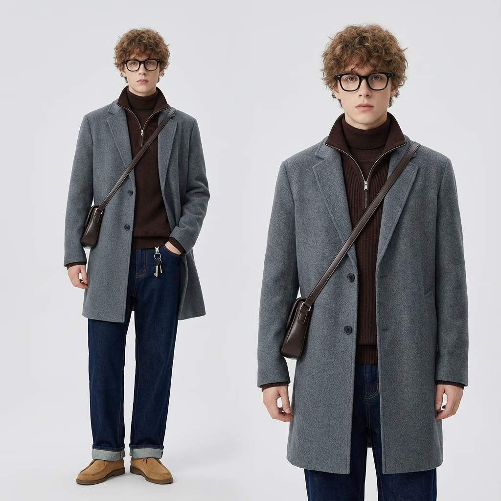 H 2000【达人专属】2025秋冬男士纯色手工缝接平驳领双面呢大衣D4W08800 蓝灰 L 175 推荐125-145斤