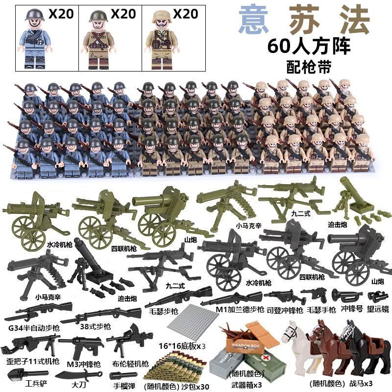 杰雅蒂兼容乐高二战积木人仔军团军事系列八路军德军人偶益智玩男孩玩具 豪华版意军+苏军+法军60人+重型武器