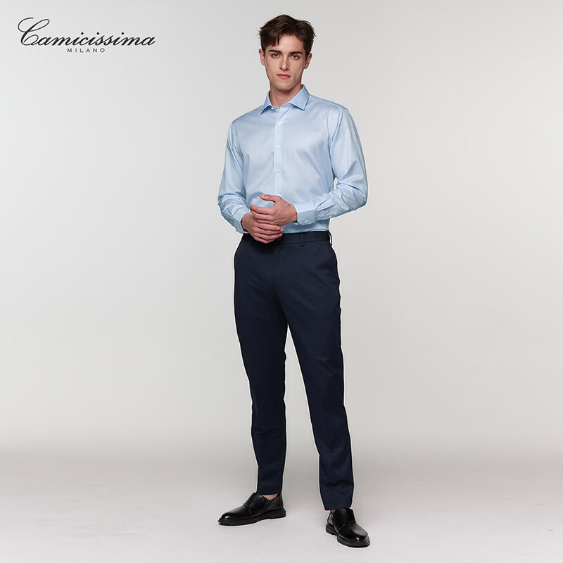 恺米切（CAMICISSIMA）【200支纱】天狼星商务休闲男士免烫长袖衬衫 蓝色小条纹衬衣男 蓝色 40