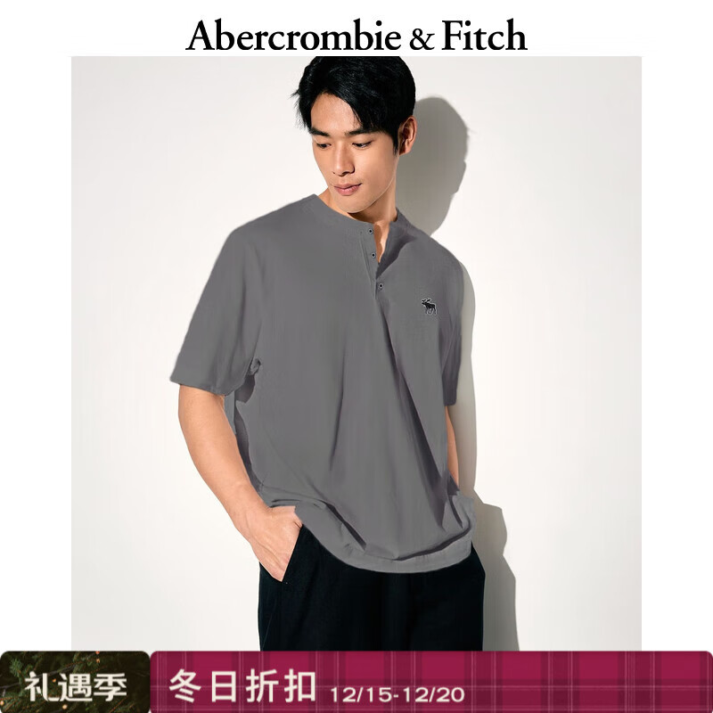 Abercrombie &amp; Fitch经典小麋鹿图案男装25夏季美式重磅宽松亨利领短袖T恤 深灰色 M (180/100A)尺码偏大