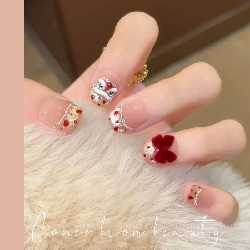 Albeville新年超火醒獅貓眼手工穿戴甲2026新款高質(zhì)感紅色絲絨指甲貼片美甲 貓眼波點(diǎn)醒獅絲絨蝴蝶結(jié) 1件 中短T XS碼 (手特別小)