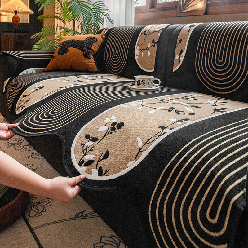 缔卓怡复古高级感沙发垫四季通用异形坐垫套罩一片式防滑防猫抓盖布巾 异形拱门-卡其 70cm*70cm