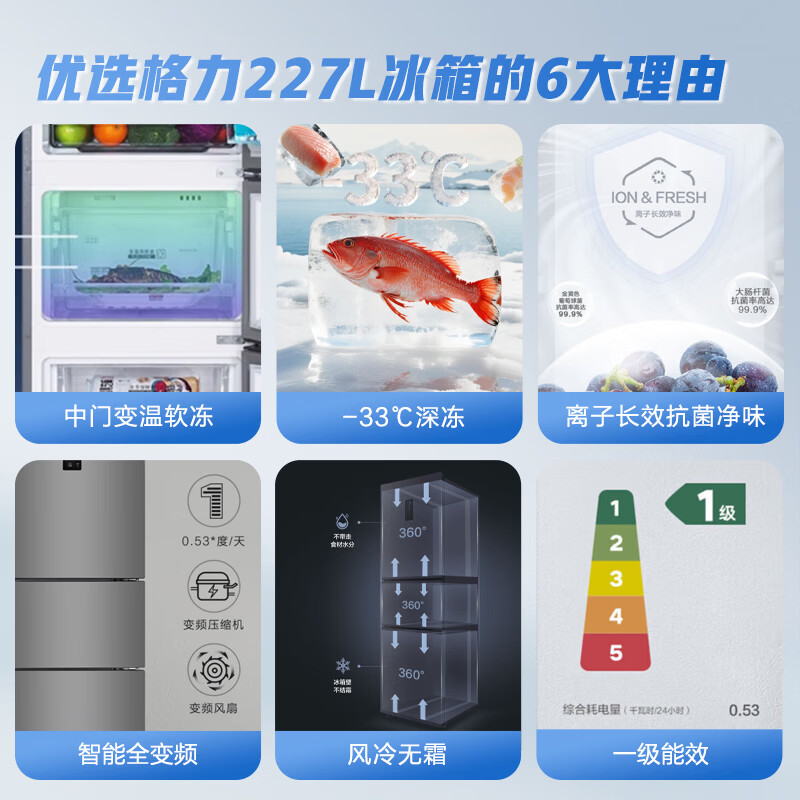 格力(GREE)227升三门一级能效家用小型冰箱风冷无霜小户型BCD-227WGGBF1TPDCL深空银家电国家补贴20%格力晶弘