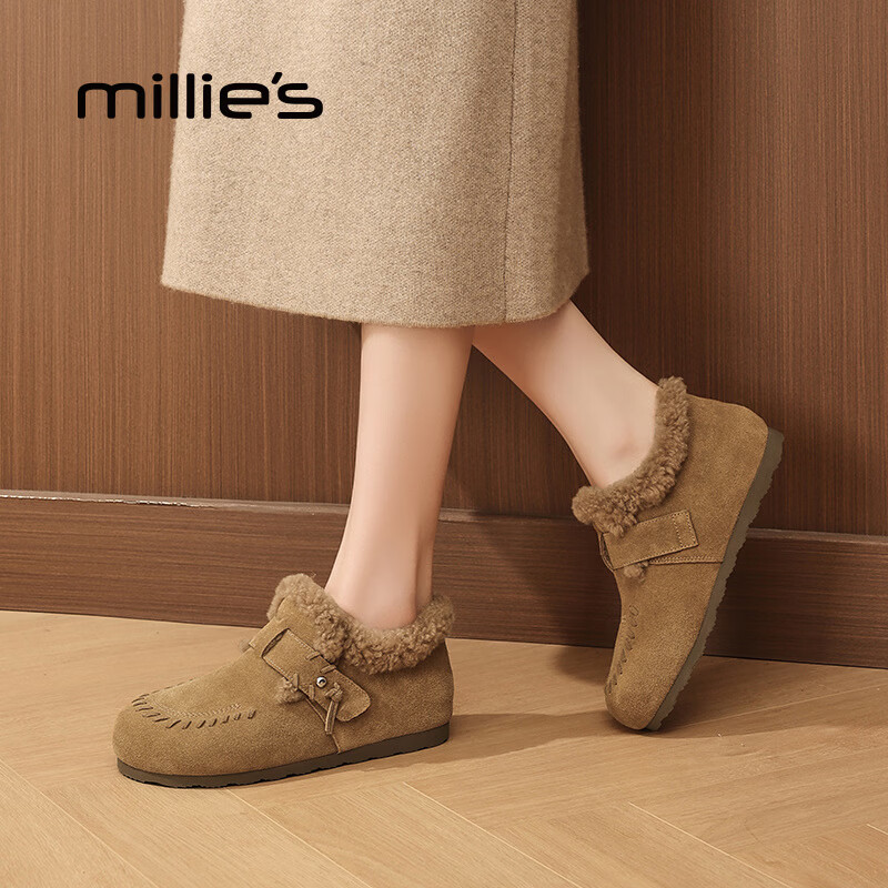 妙丽（Millies）勃肯鞋女低跟加绒时尚舒适休闲2025冬季新款百搭防寒保暖雪地靴 驼色 37 (235mm) 标准码