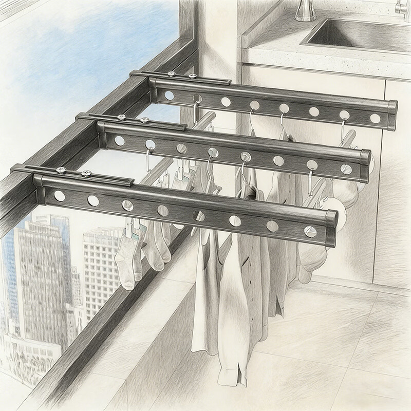 尔思家阳台晾衣神器小户型简易伸缩家用护栏晾衣杆宿舍挂衣架晾晒神器 枪灰色8孔款