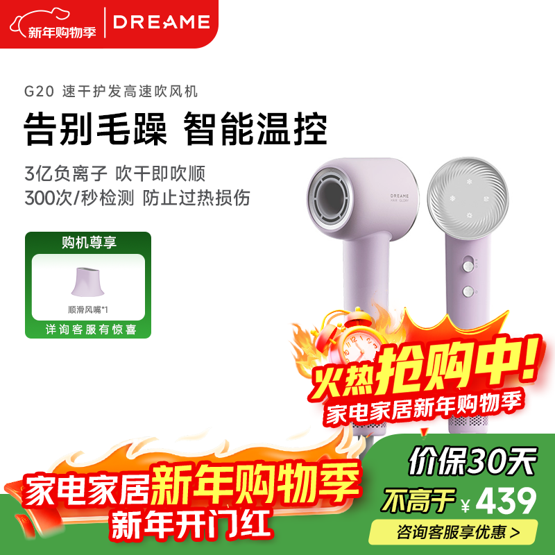 追觅韶光G20家用电吹风恒温速干吹风筒负离子高速护发无叶吹风机 丁香紫AHD12B 跨年送礼礼物