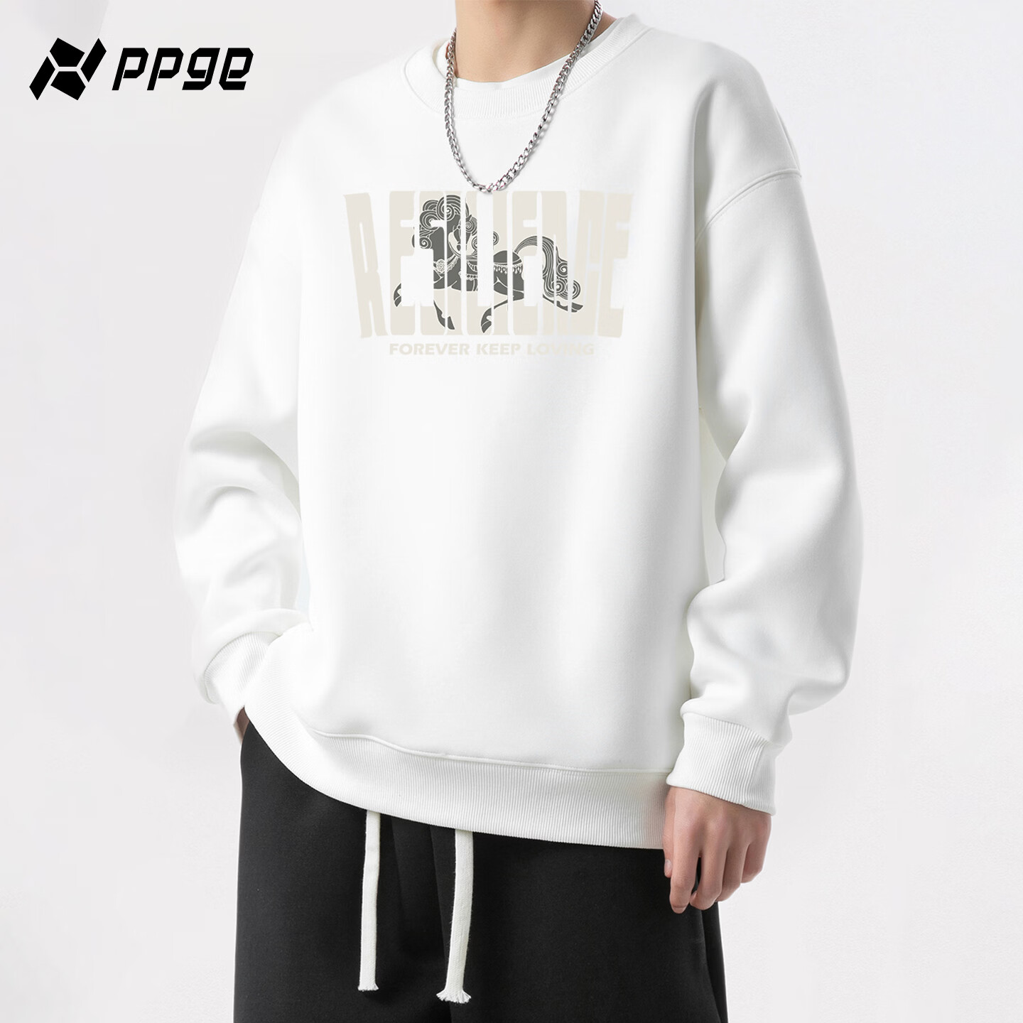 PPGE卫衣秋冬季亲肤舒适挺阔有型运动保暖打底衫男女同款印花圆领卫衣 白色 M