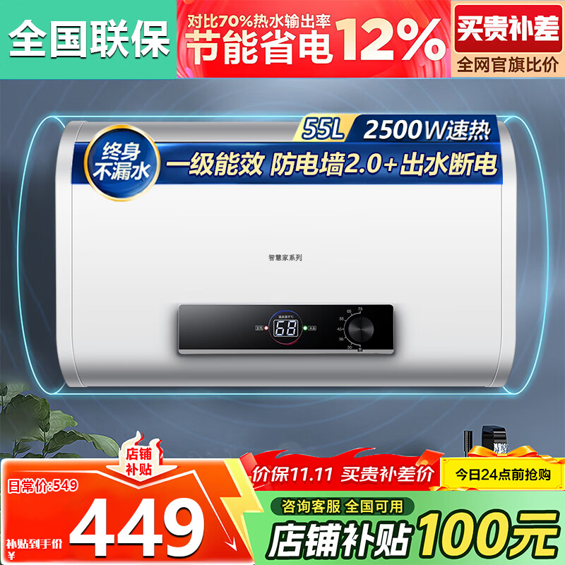 Meysion美的智慧家电热水器家用节能一级能效宿舍储水式热水器洗澡速热扁桶双胆数显 扁桶55升 包含安装+出水断电