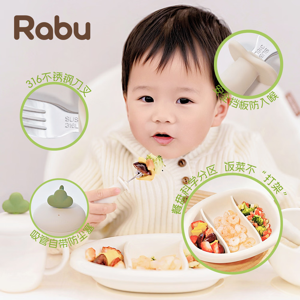 RABU食品级硅胶儿童餐具套装宝宝安全无毒防摔碗盘叉勺水杯吸盘碗 萝饱饱牙胶套装