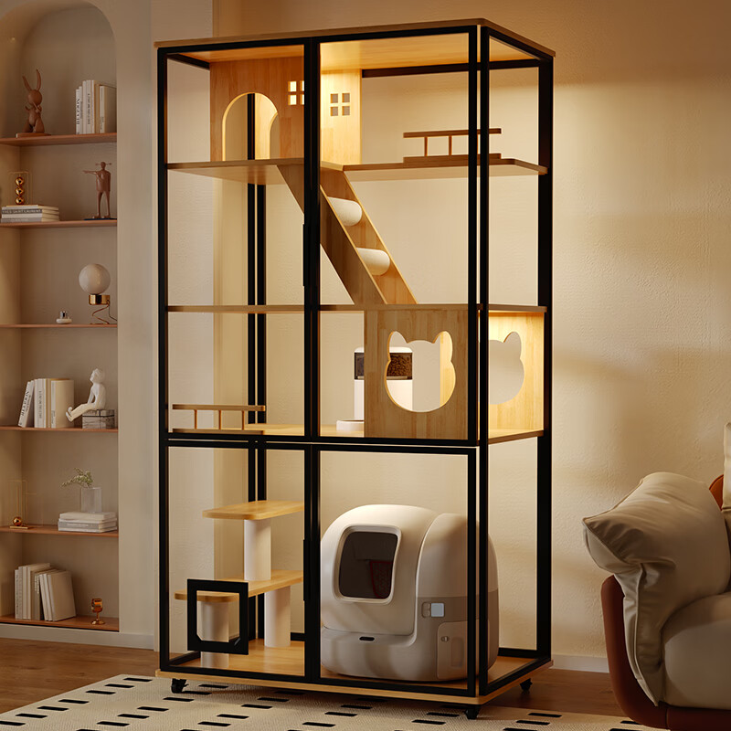 华元宠具（hoopet）商仓大型全景猫别墅可放自动猫砂盆多猫玻璃猫房实木猫笼子大空间