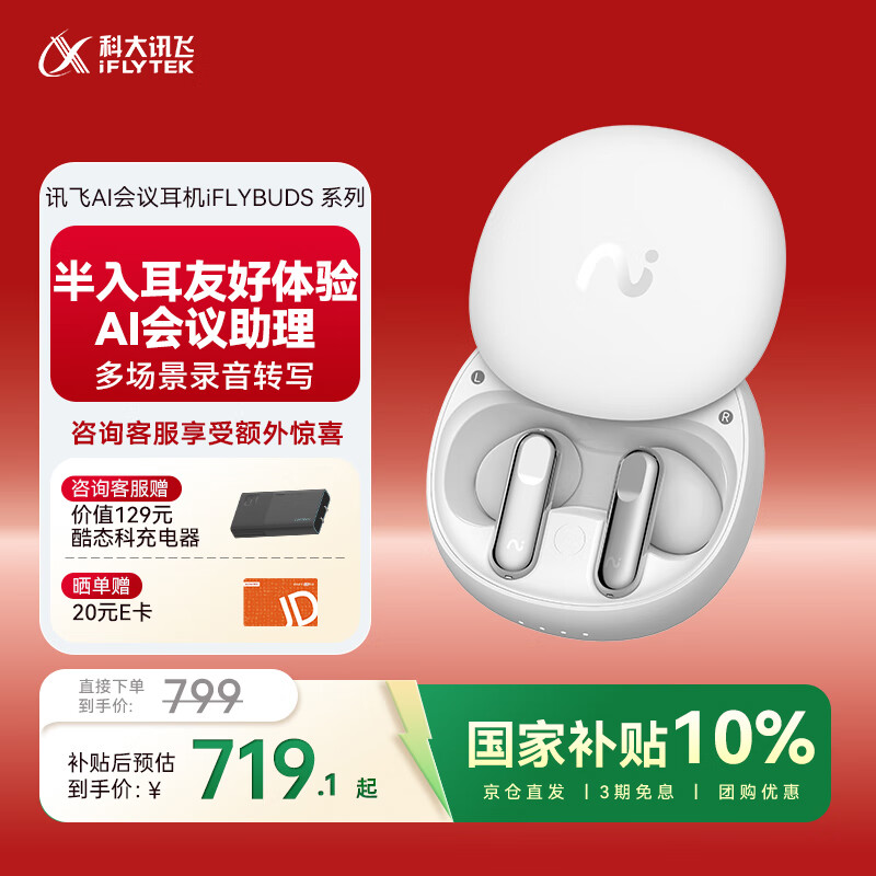 科大讯飞AI会议降噪无线蓝牙耳机iFLYBUDS 2 冷霜白 录音翻译 半入耳式耳机 适配苹果华为小米