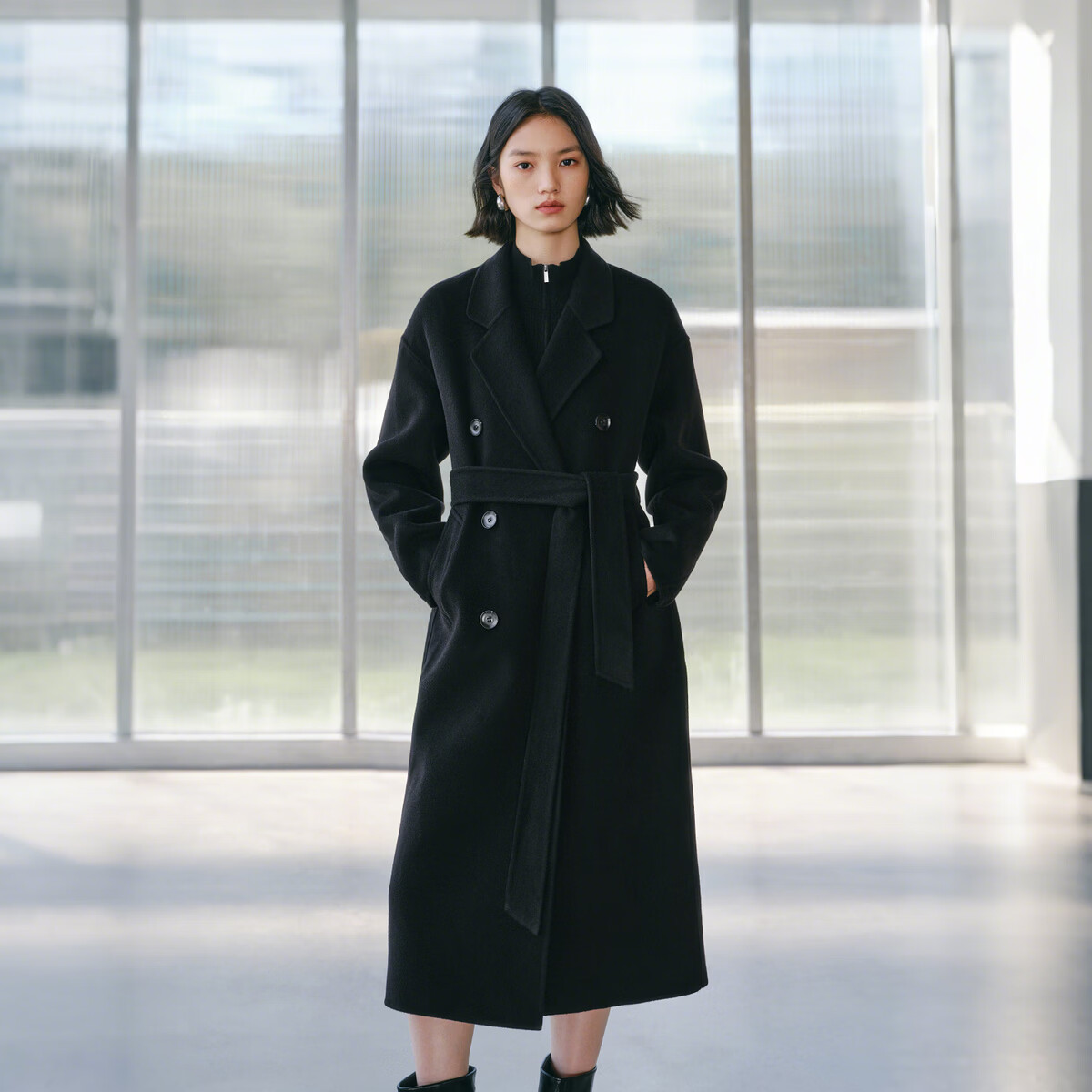 太平鸟大师甄绒甄毛系列新中式优雅双面呢大衣冬季毛呢外套合集 经典双面呢大衣黑色 常规 M