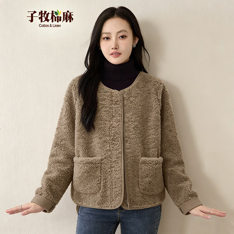 子牧棉麻秋冬装 女韩版百搭上衣百搭显瘦加厚开衫外套8095 卡其色 均码 (建议95-145斤)